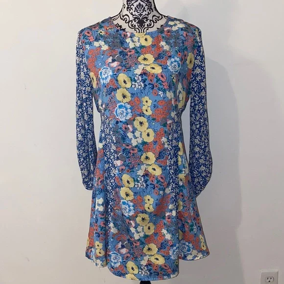 NWOT!! Umgee Patchwork Boho Blue & Yellow Floral Long Sleeve Dress Size Small - Picture 2 of 13